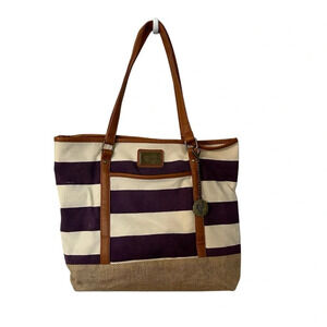 Younique Beach Style Purple & Tan Stripe Canvas Tote Bag GUC